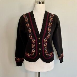 VTG All Cotton Women’s Cardigan Black With Floral Embroidery Medium Cottagecore